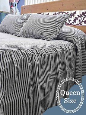 QUEEN SIZE Ticking Bedspread Set w/ 2 Ruffled Shams ~ EUC